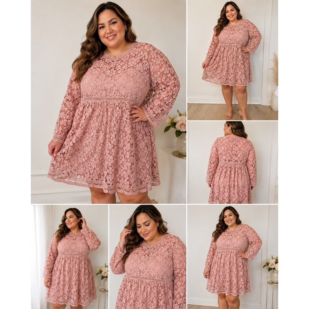 Boohoo Plus Floral Lace Babydoll Dress Pink‎ Long Sleeve Mini Empire Waist